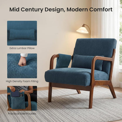 DUMOS Mid Century Modern Accent Chair, Upholstered Armchair with Lumbar Pillow and Solid Wood Frame, Comfy Reading Chair for Small Living Room, Bedroom, Guest Room, Navy Blue — Navy Blue / 1 PC (3)