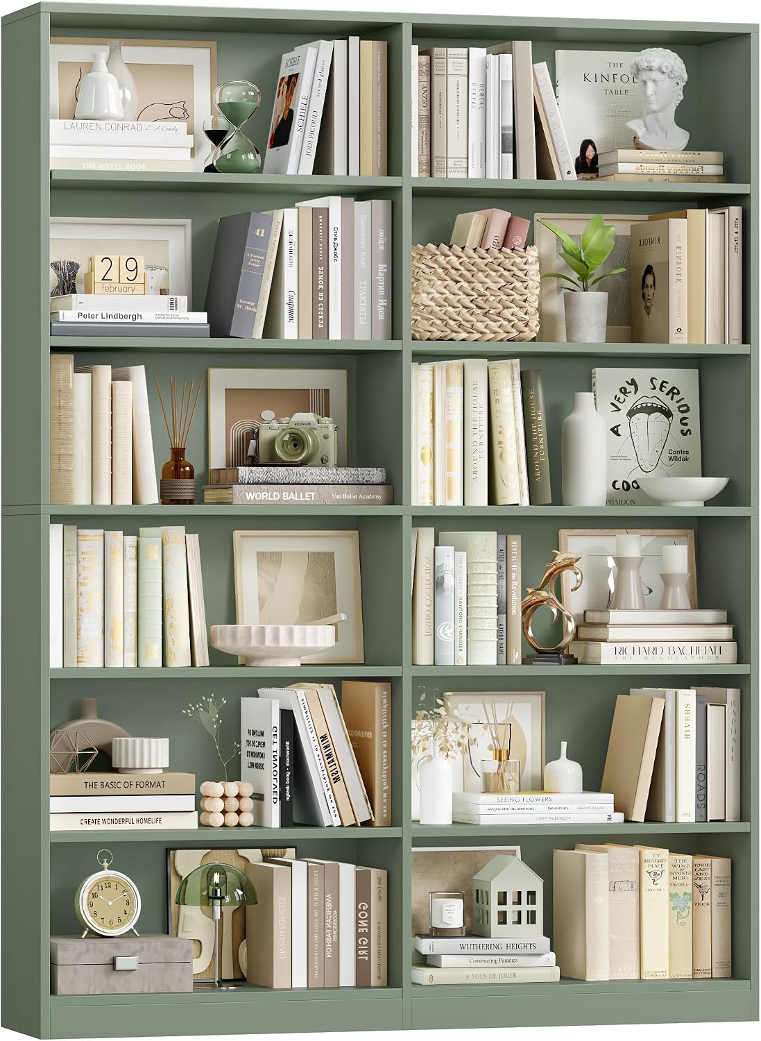 FACBOTALL Bookshelf and Bookcase, 6-Tier Double Wide Bookshelves,Freestanding Display Storage Shelves, Tall Bookcases for Home Decor Bedroom, Living Room, Home Office, Light Oak — Green