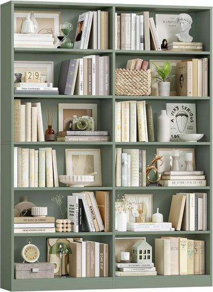 FACBOTALL Bookshelf and Bookcase, 6-Tier Double Wide Bookshelves,Freestanding Display Storage Shelves, Tall Bookcases for Home Decor Bedroom, Living Room, Home Office, Light Oak — Green