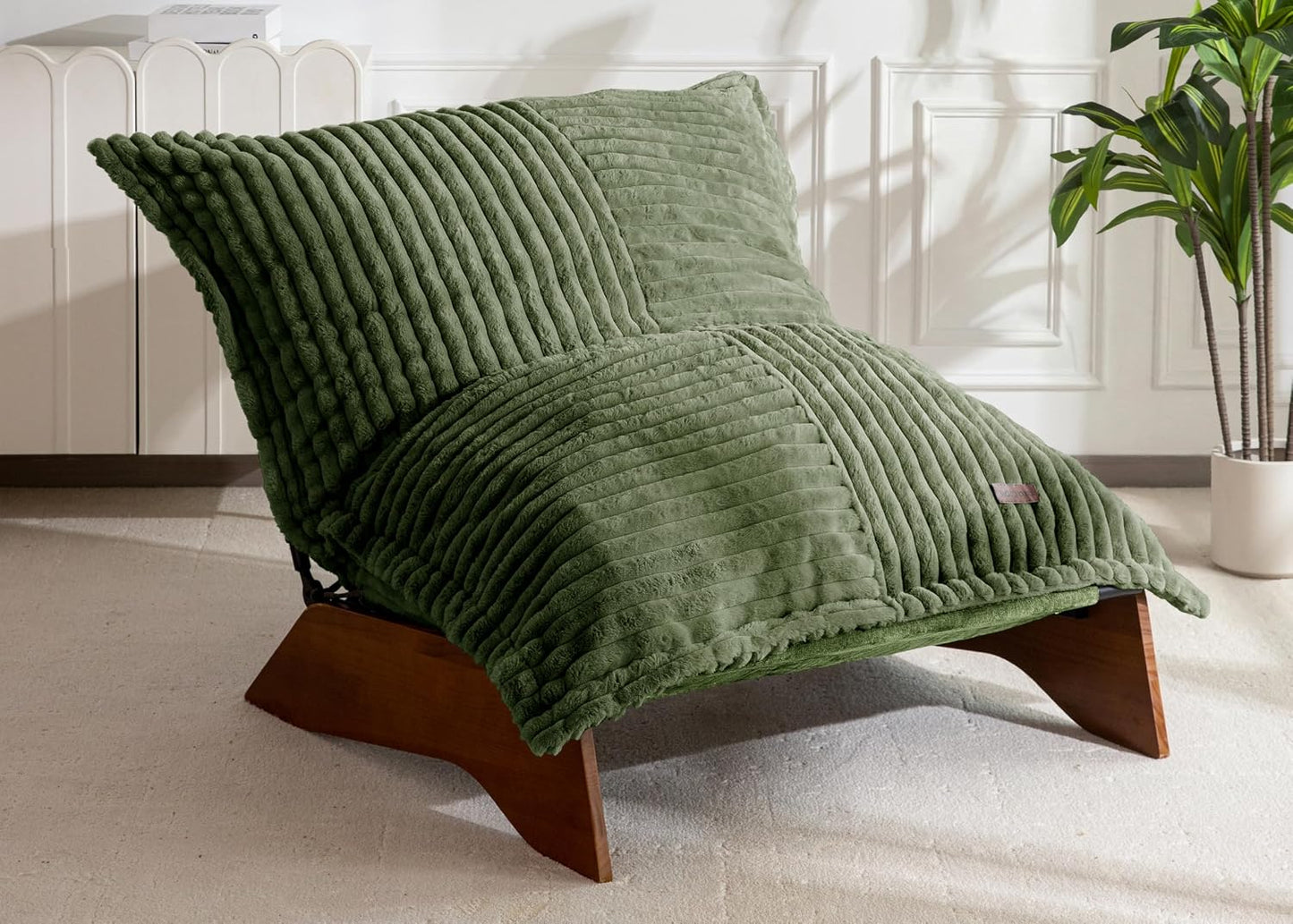MAXYOYO Adjustable Living Room Chair, 3-Position Bean Bag Chair with Removable Cover, Upholstered Accent Chair with Frame, Soft Reclining Lounge for Bedroom, Apartment, Office, Green — Striped Cross Green / Large