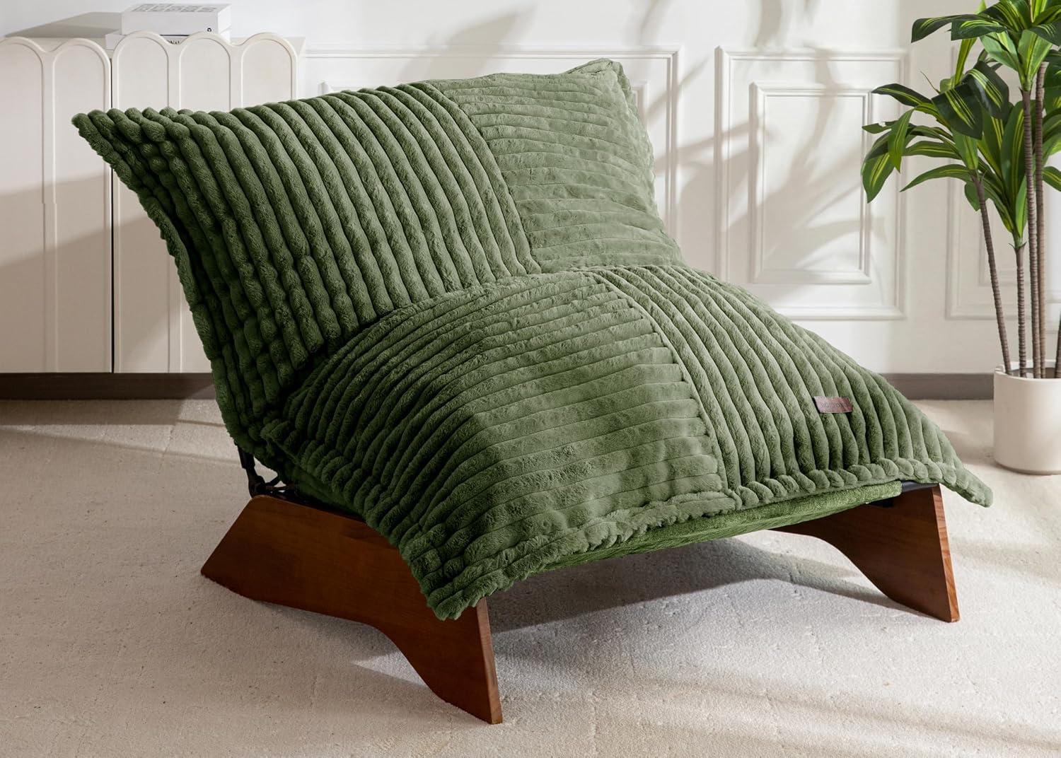 MAXYOYO Adjustable Living Room Chair, 3-Position Bean Bag Chair with Removable Cover, Upholstered Accent Chair with Frame, Soft Reclining Lounge for Bedroom, Apartment, Office, Green — Striped Cross Green / Large