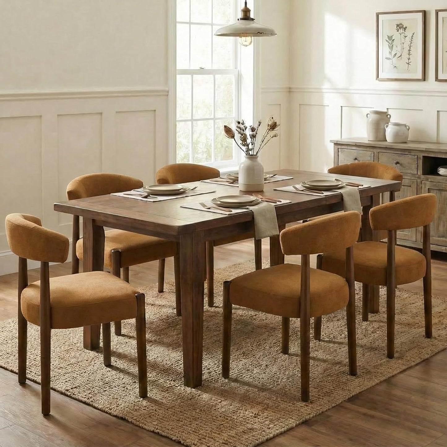 VKNOW Wooden Dining Chairs Set of 4, Modern Upholstered Dining Room Chairs with Walnut Wood Legs and Curved Backrest, Fabric Kitchen Chairs for Farmhouse/Living Room/Dining Room, Green — Set of 6 / Orange