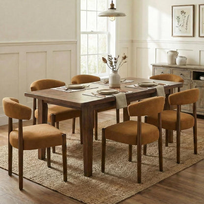 VKNOW Wooden Dining Chairs Set of 4, Modern Upholstered Dining Room Chairs with Walnut Wood Legs and Curved Backrest, Fabric Kitchen Chairs for Farmhouse/Living Room/Dining Room, Green — Set of 6 / Orange