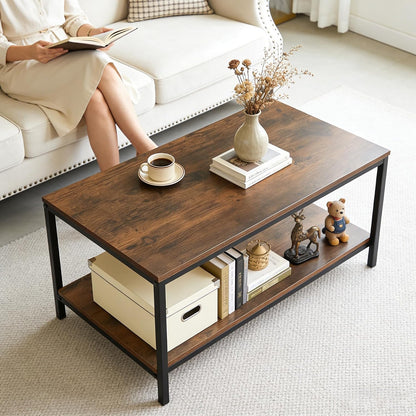 SUPER DEAL 2-Tier Industrial Coffee Table with Storage Shelf for Small Apartment Living Room, Rectangle Wood and Stable Metal TV Stand Side End Table, Rustic Brown — Rustic Brown / 31.5in (8)