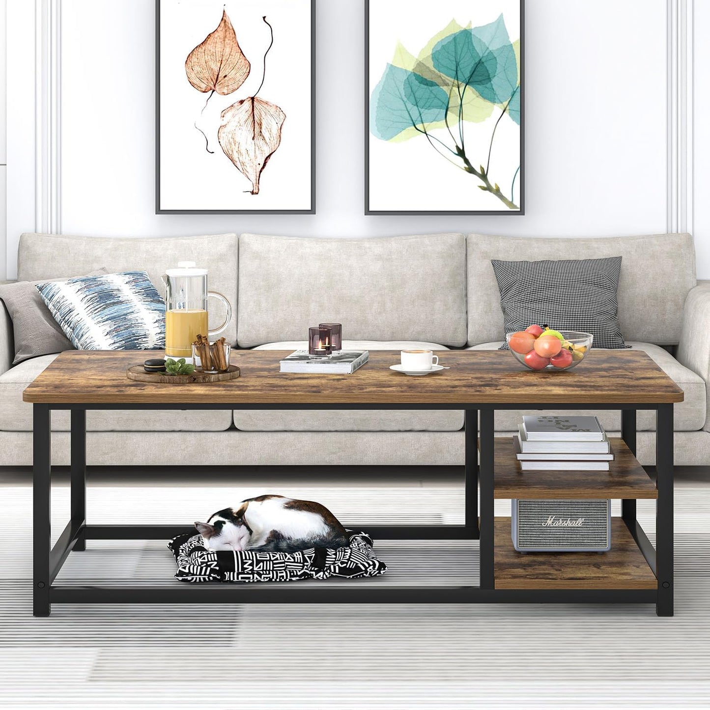 EXCEFUR Modern Coffee Table, Rustic Wood and Metal Living Room Table with Storage Shelf, Industrial Brown, 47 Inch — Rustic Brown (7)