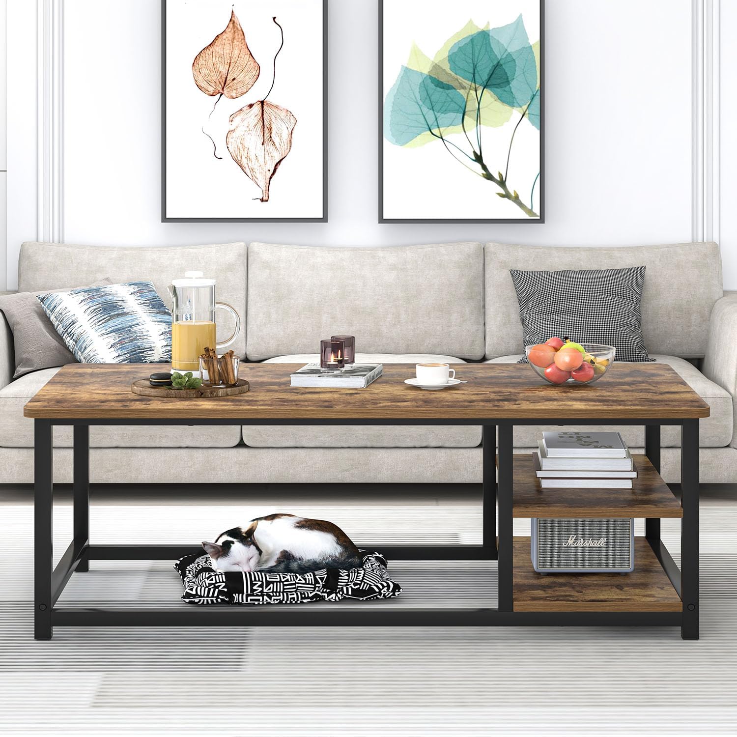 EXCEFUR Modern Coffee Table, Rustic Wood and Metal Living Room Table with Storage Shelf, Industrial Brown, 47 Inch — Rustic Brown (7)
