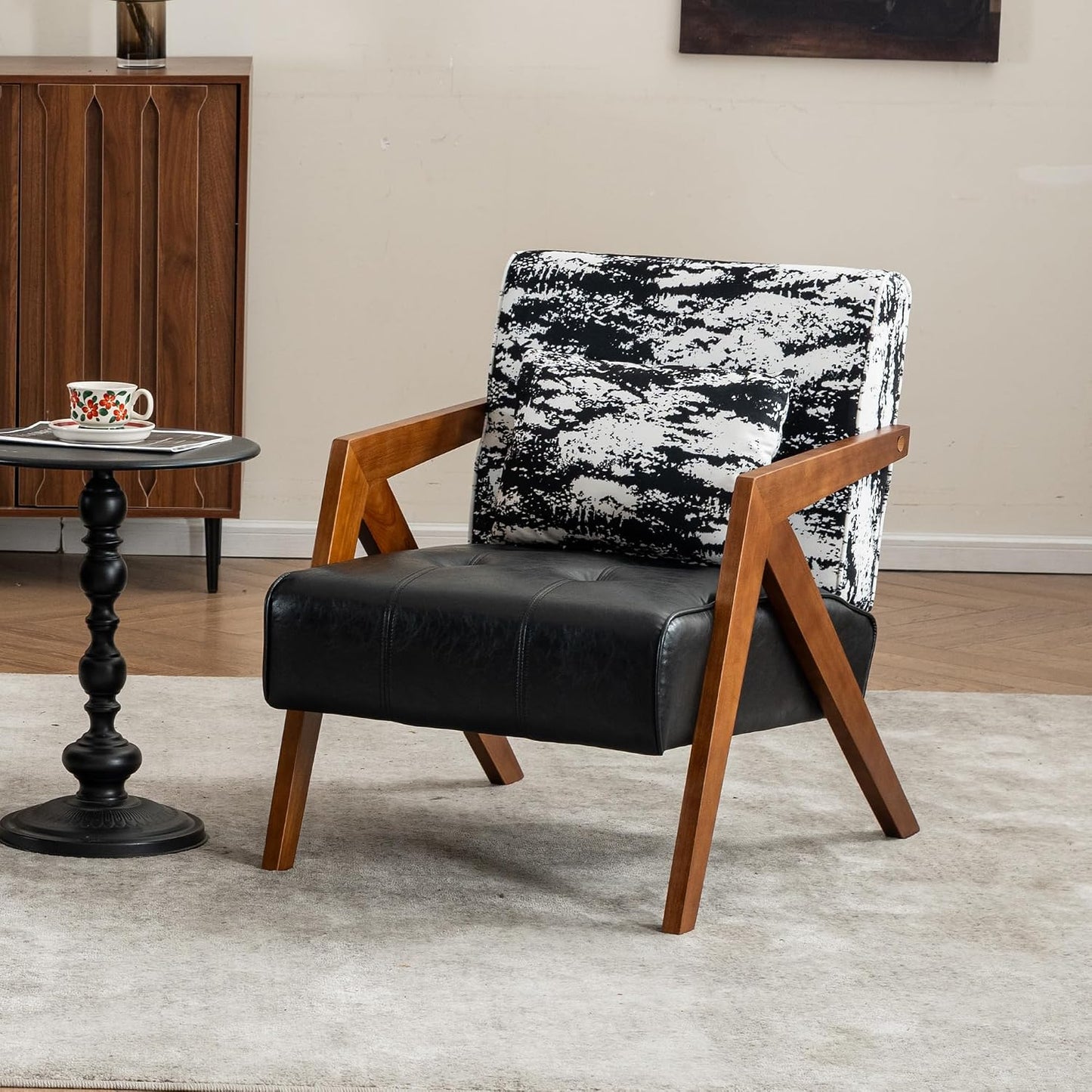 Mid-Century Modern Accent Chair with Solid Wood Frame，Upholstered Chenille Living Room Arm Chairs with Pillow for Bedroom, Living Room, Balcony, Reading Room, Green