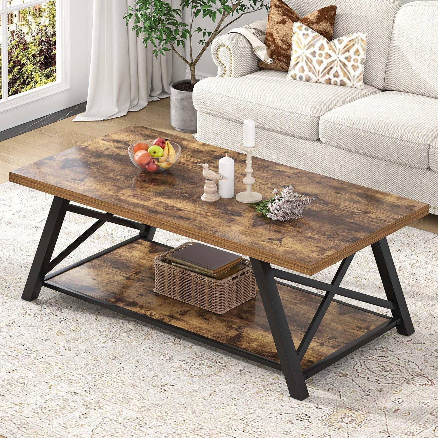 EXCEFUR Modern Coffee Table, Rectangle Center Table for Living Room with Storage Shelf, Industrial Wood and Metal Cocktail Tea Table, Rustic Oak, 47 Inch — Rustic Brown