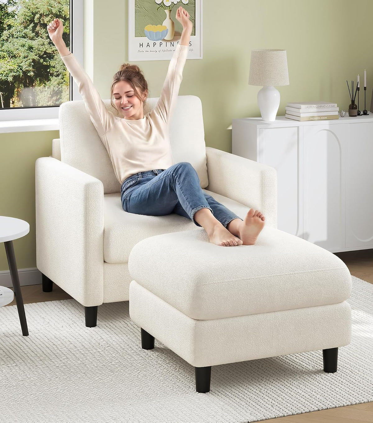 Welzona Sofa Accent Chair, 33" Reading Chair for Bedroom, Tool-Free Setup Living Room Accent Chairs, Comfy Arm Chairs Living Room, All-Wood Reading Nook, Beige — Beige / standard & ottoman