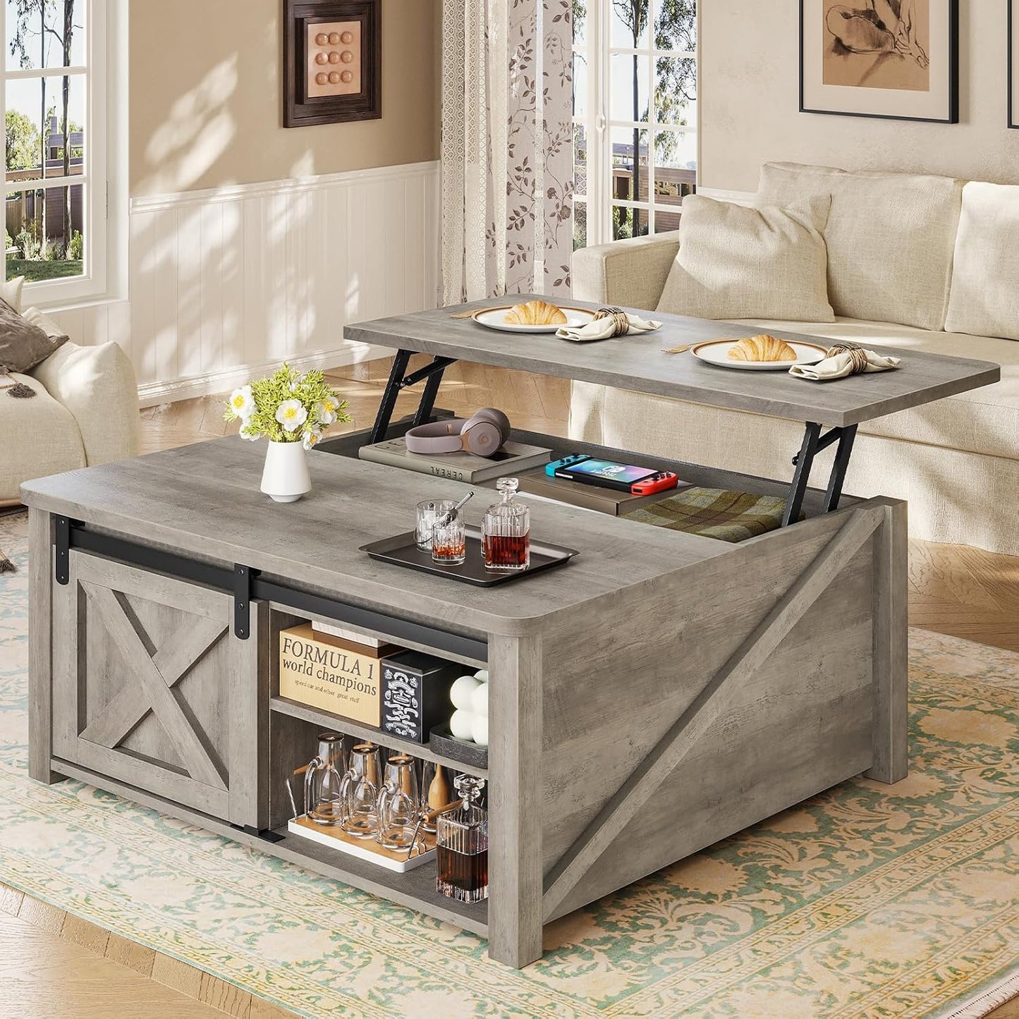SEDETA 31.5" Lift Top Coffee Table with Storage, Square Coffee Tables for Living Room, Farmhouse Coffee Table with Large Hidden Storage Compartment and Adjustable Shelves, Black — Grey