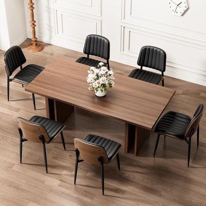 Dining Chairs Set of 4, Mid-Century Modern Upholstered PU Leather Chairs | with Walnut Bentwood Back and Metal Legs Adjustable Feet for Kitchen Dining Room, Black Shell Strips — Dark Black Vertical Stripes / 6