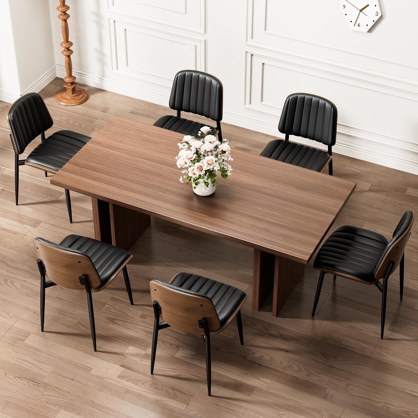 Dining Chairs Set of 4, Mid-Century Modern Upholstered PU Leather Chairs | with Walnut Bentwood Back and Metal Legs Adjustable Feet for Kitchen Dining Room, Camel Shell Strips — Dark Black Vertical Stripes / 6