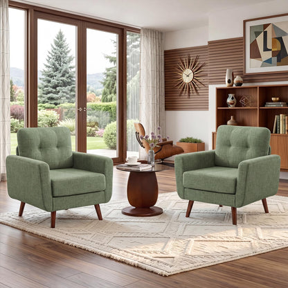 Tbfit Linen Fabric Single Sofa, Accent Chair, Mid Century Modern Armchair for Living Room, Bedroom Button Tufted Upholstered Comfy Reading Sofas, Beige — Single*2 / Green