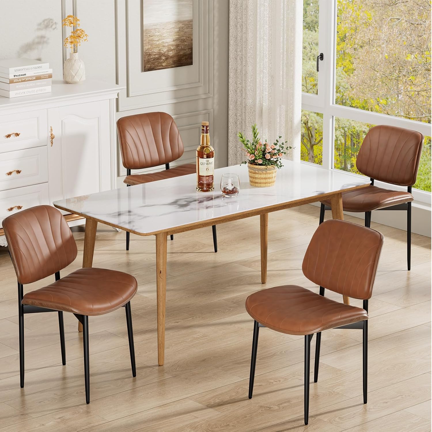 Dining Chairs Set of 4, Mid-Century Modern Upholstered PU Leather Chairs | with Walnut Bentwood Back and Metal Legs Adjustable Feet for Kitchen Dining Room, Camel Shell Strips — Camel Shell Strips / 4