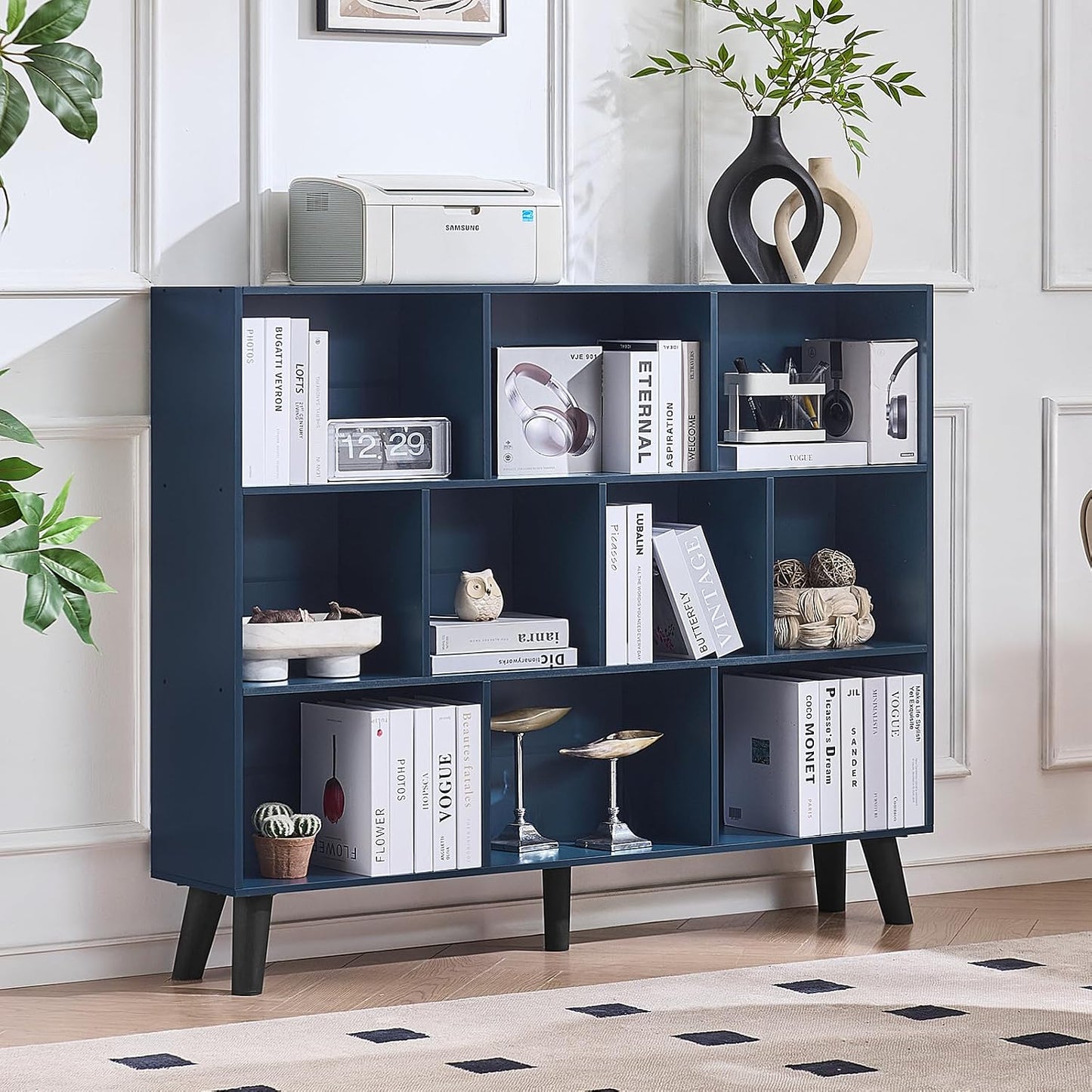 LEYAOYAO Cube Bookshelf 3 Tier Mid-Century Rustic Brown Modern Bookcase with Legs,Retro Wood Bookshelves Storage Organizer Shelf,Freestanding Open Book Shelves for Bedroom,Living Room,Office — Dark Blue / 10 Cube Plus with Legs