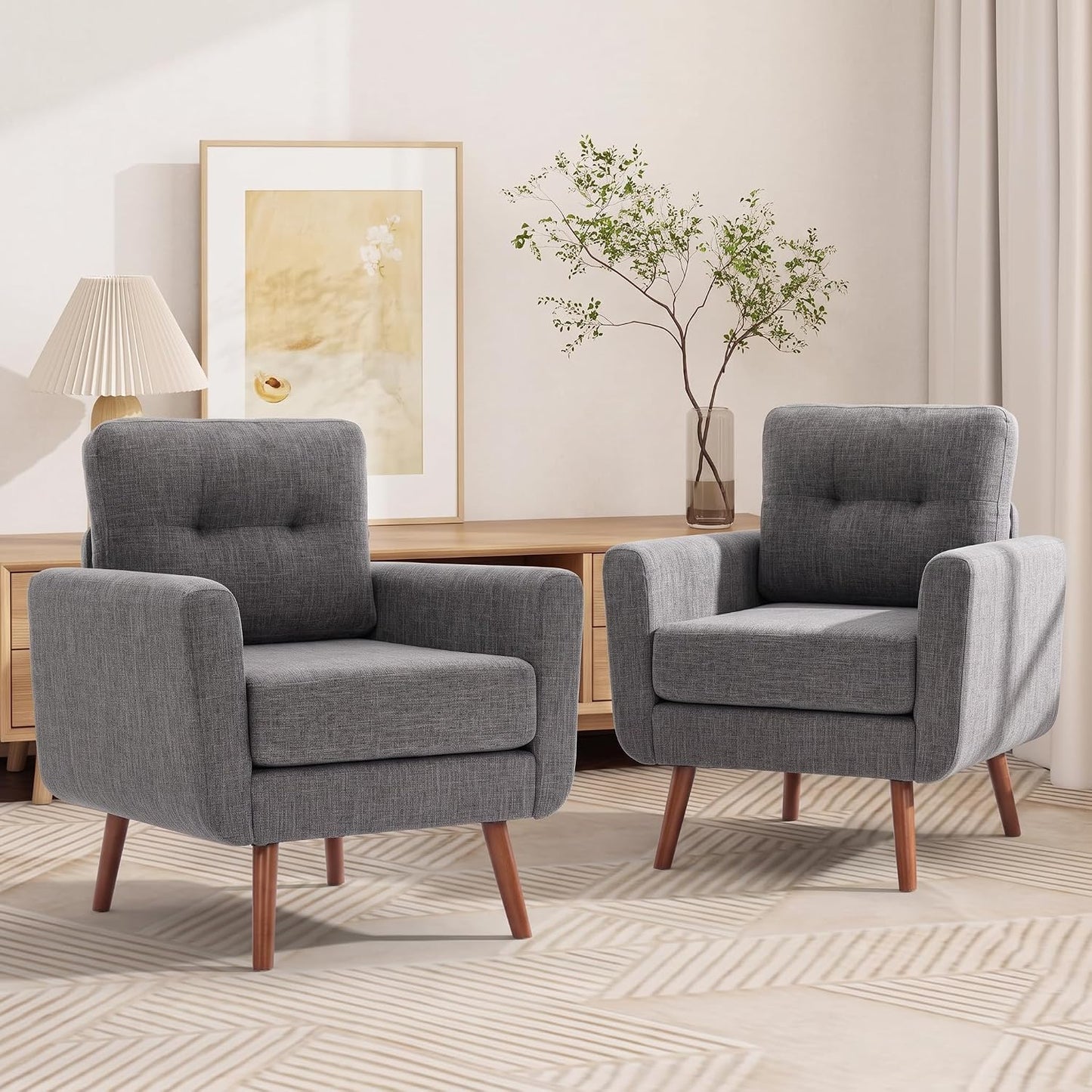 Tbfit Linen Fabric Single Sofa, Accent Chair, Mid Century Modern Armchair for Living Room, Bedroom Button Tufted Upholstered Comfy Reading Sofas, Beige — Single*2 / Grey