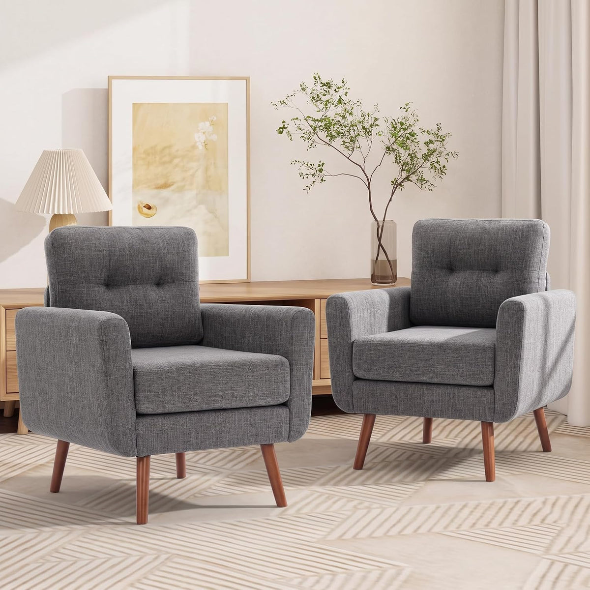 Tbfit Linen Fabric Single Sofa, Accent Chair, Mid Century Modern Armchair for Living Room, Bedroom Button Tufted Upholstered Comfy Reading Sofas, Beige — Single*2 / Grey