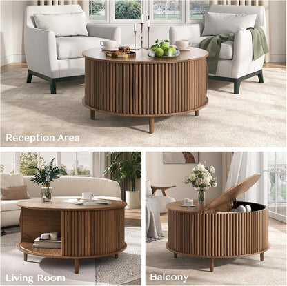 JOINICE 31.5" Round Coffee Table with Storage for Living Room, Walnut | Hidden Storage,Fluted Sliding Door,Mid Century Furniture for Small Apartments,Solid Wood Legs,Easy Assembly,Up to 110 lbs — Walnut_round (7)