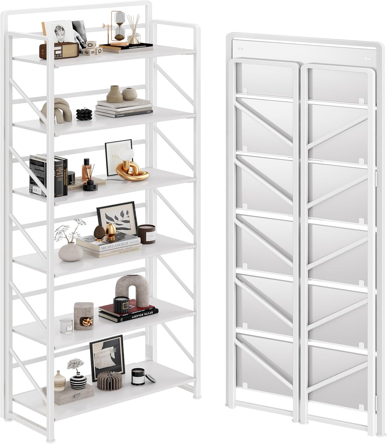 JSB No Assembly Folding Bookshelf, 4 Tier Industrial Metal Book Shelf for Storage, Vintage Wood Foldable Bookcase for Living Room, Bedroom, Office Organization Shelves — All White / 6-Tier