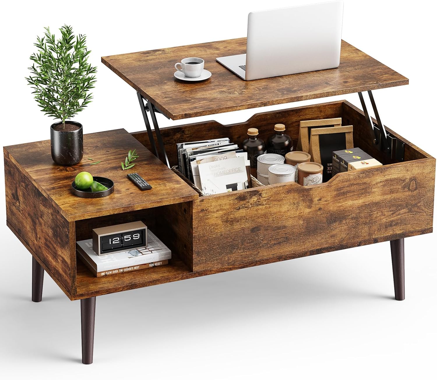 OLIXIS Wooden Coffee Table, Lift Top Coffee Table with Large Hidden Compartment and Ample Storage Shelf, Lift Tabletop Dining Table for Living Room, Home Small Space, Rustic — Rustic / 19.7 inches x 39.4 inches x 6.3 inches