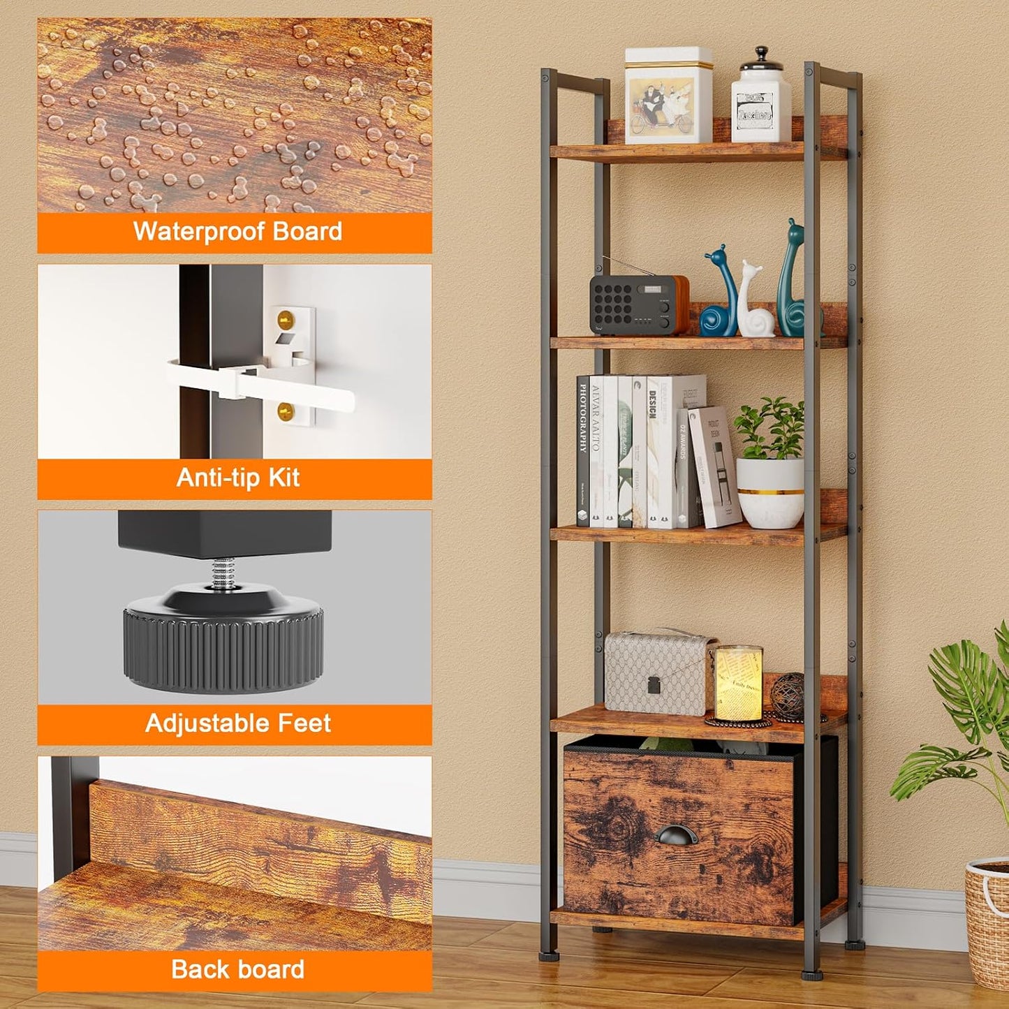 Furologee 5 Tier Bookshelf with Drawer, Tall Narrow Bookcase with Shelves, Wood and Metal Bookshelves Storage Organizer, Industrial Display Standing Shelf Unit for Bedroom, Living Room, Rustic Brown — Rustic Brown / 5 Tier -1 PCS (4)