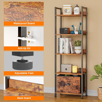 Furologee 5 Tier Bookshelf with Drawer, Tall Narrow Bookcase with Shelves, Wood and Metal Bookshelves Storage Organizer, Industrial Display Standing Shelf Unit for Bedroom, Living Room, Rustic Brown — Rustic Brown / 5 Tier -1 PCS (4)