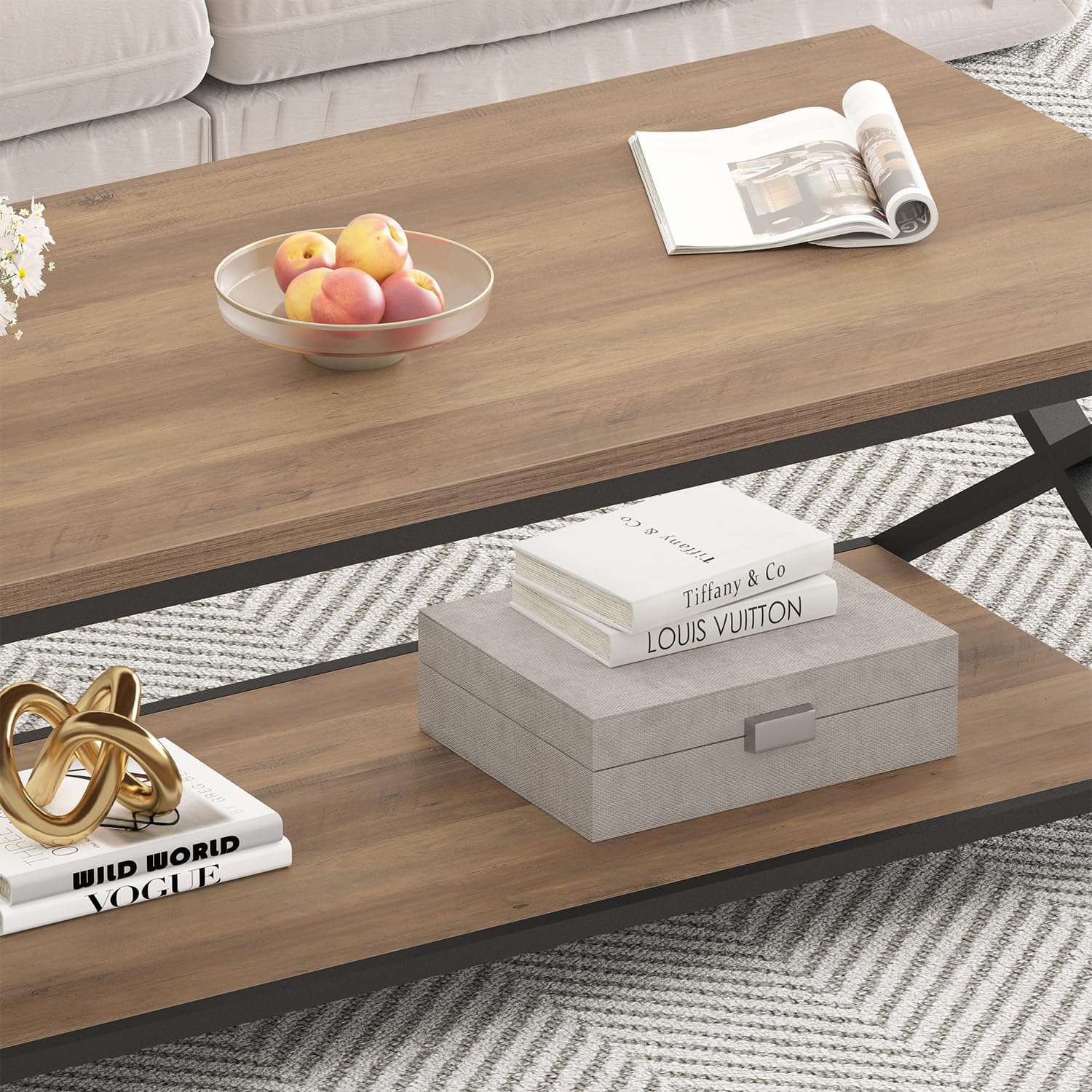 HSH Rustic Farmhouse Coffee Table, Modern Minimalist Wood and Metal Living Room Table, 2 Tie Rectangle Center Table with Storage & Display Shelf, Simple Office Cocktail Tea Table, Rustic Oak, 39 Inch — 39 Inch / Rustic Oak (6)