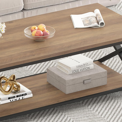 HSH Rustic Farmhouse Coffee Table, Modern Minimalist Wood and Metal Living Room Table, 2 Tie Rectangle Center Table with Storage & Display Shelf, Simple Office Cocktail Tea Table, Rustic Oak, 39 Inch — 39 Inch / Rustic Oak (6)