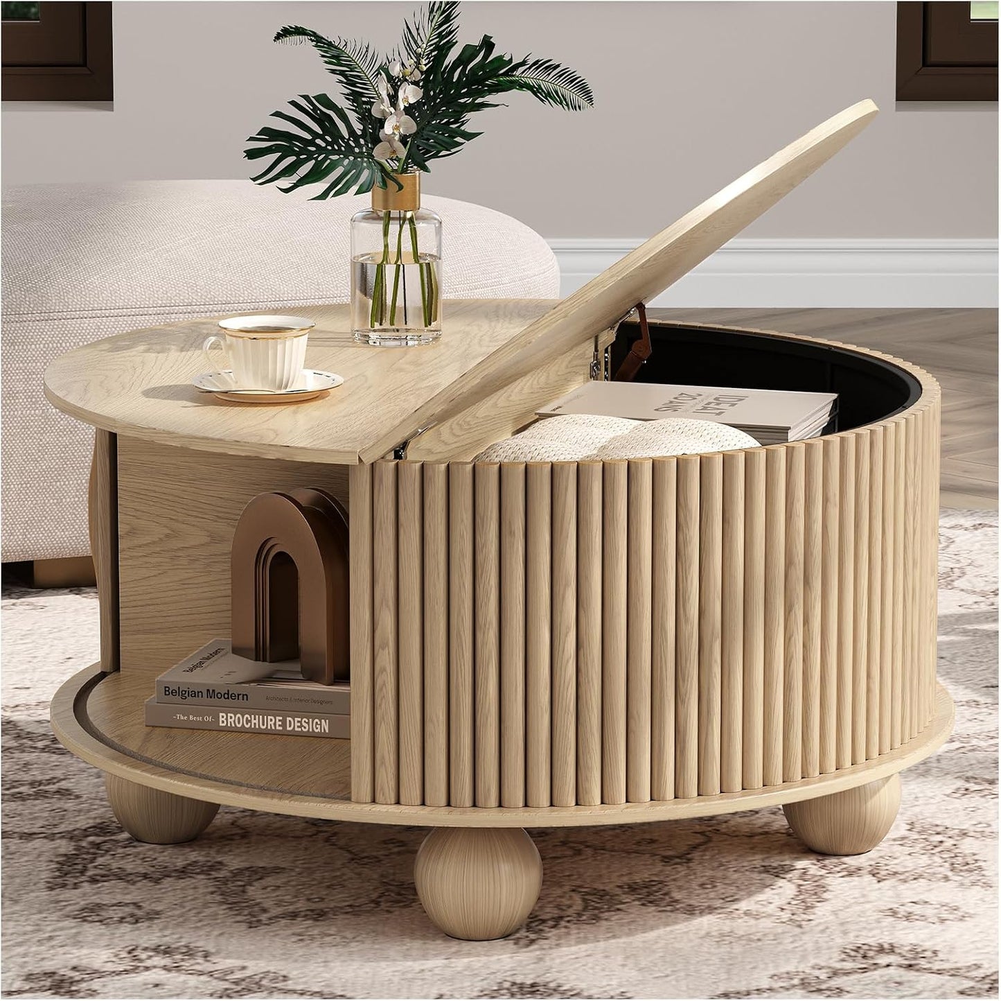 JOINICE 31.5" Round Coffee Table with Storage for Living Room, Walnut | Hidden Storage,Fluted Sliding Door,Mid Century Furniture for Small Apartments,Solid Wood Legs,Easy Assembly,Up to 110 lbs — Oak_round (Bun Feet)