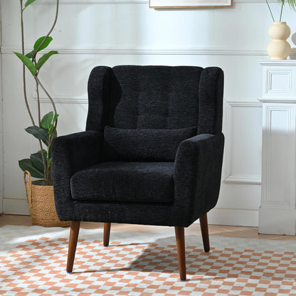 Accent Chair, Comfy Upholstered Living Room Chairs with High Tufted Backrest and Pillow, Wingback Reading Chair with Solid Wood Legs for Bedroom/Office,Teddy Fabric, Light Green — Set of 1 / Black