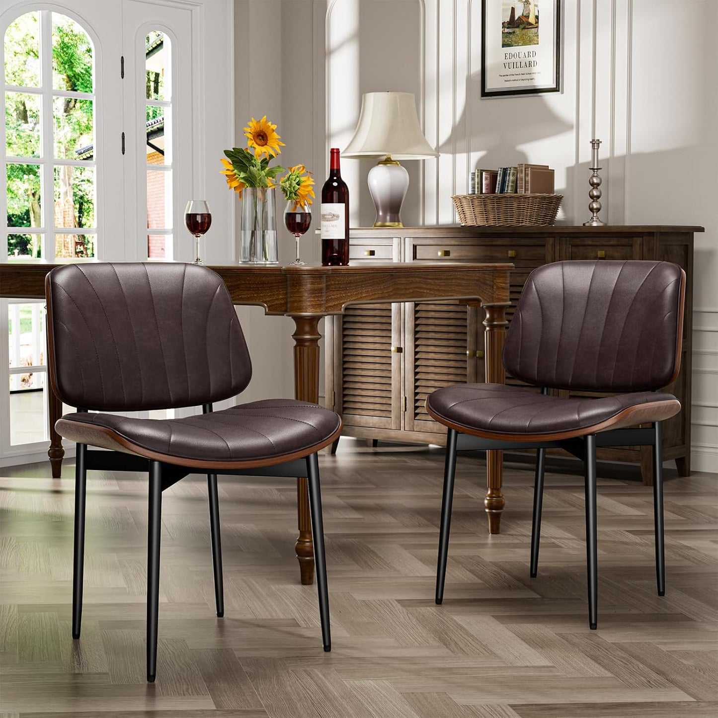 YaFiti Mid Century Dining Chairs Set of 4 with Walnut Bentwood, Greige | Ergonomic Walnut Backrest, Upholstered Waterproof PU Leather Seat, Stable Metal Legs, Adjustable Footpads, Apartment Friendly — Brown Scallop / 2