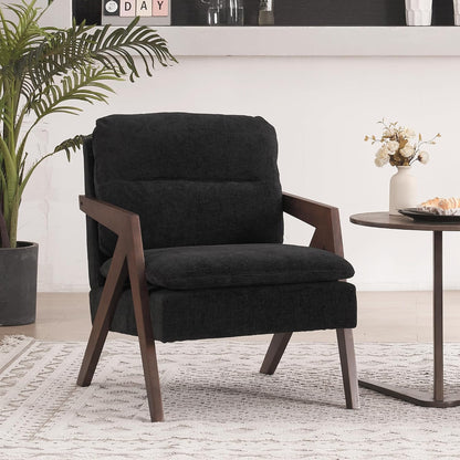 Mid-Century Modern Accent Chair with Solid Wood Frame，Upholstered Chenille Living Room Arm Chairs with Pillow for Bedroom, Living Room, Balcony, Reading Room, Green — 1 / Chenille Black