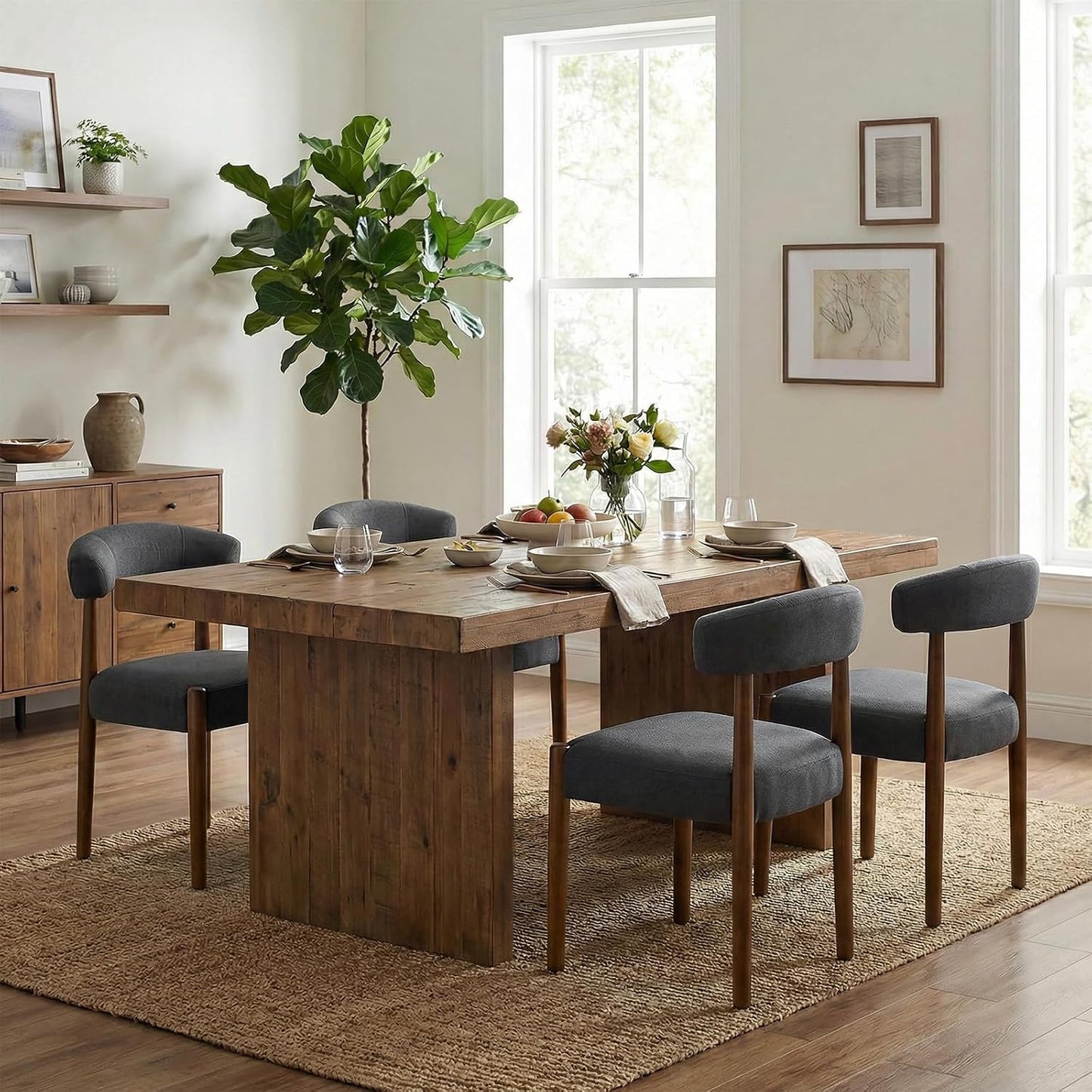 VKNOW Wooden Dining Chairs Set of 4, Modern Upholstered Dining Room Chairs with Walnut Wood Legs and Curved Backrest, Fabric Kitchen Chairs for Farmhouse/Living Room/Dining Room, Green — Set of 4 / Charcoal