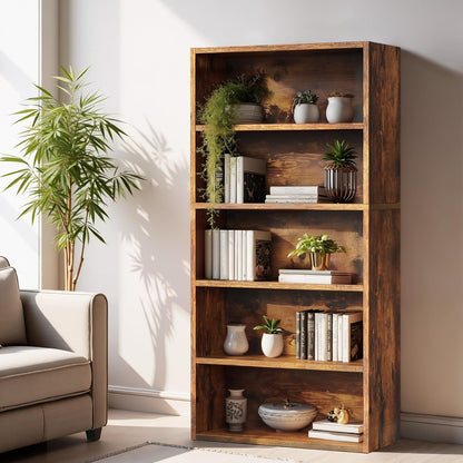 Sweetcrispy 5 Shelf Bookcase Open Display Bookshelf Storage Organizer | 53 Inches Tall Book Shelf Floor Standing Corner Unit, Living Room, Home Office, Kitchen, Bedroom, Rustic Brown Wood — Brown / 5 Shelf (2)
