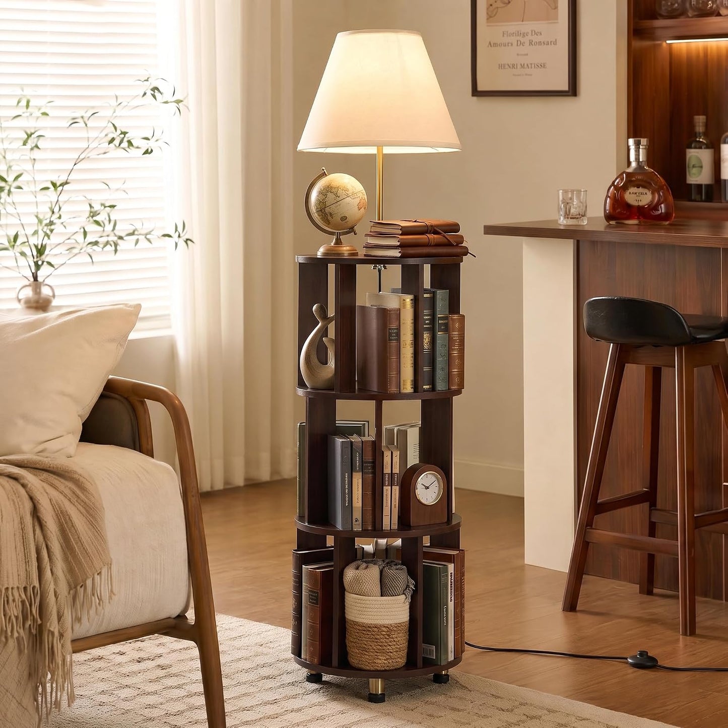 Tribesigns 62.2'' Wood Bookcase with Light, 4 Tier Bookshelf Floor Lamp | Modern Freestanding Storage Shelf with Linen Fabric Shade, Corner Bookcase with Reading Light for Living Room, Bedroom