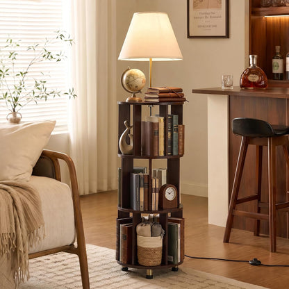 Tribesigns 62.2'' Wood Bookcase with Light, 4 Tier Bookshelf Floor Lamp | Modern Freestanding Storage Shelf with Linen Fabric Shade, Corner Bookcase with Reading Light for Living Room, Bedroom