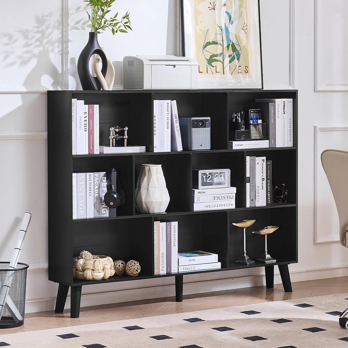 LEYAOYAO Cube Bookshelf 3 Tier Mid-Century Rustic Brown Modern Bookcase with Legs,Retro Wood Bookshelves Storage Organizer Shelf,Freestanding Open Book Shelves for Bedroom,Living Room,Office — Black / 10 Cube Plus with Legs