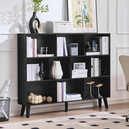 LEYAOYAO Cube Bookshelf 3 Tier Mid-Century Rustic Brown Modern Bookcase with Legs,Retro Wood Bookshelves Storage Organizer Shelf,Freestanding Open Book Shelves for Bedroom,Living Room,Office — Black / 10 Cube Plus with Legs
