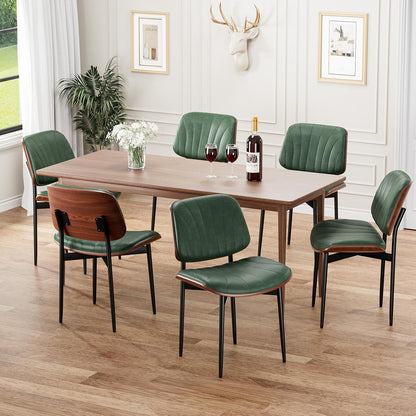 Dining Chairs Set of 4, Mid-Century Modern Upholstered PU Leather Chairs | with Walnut Bentwood Back and Metal Legs Adjustable Feet for Kitchen Dining Room, Black Shell Strips — Dark Green Shell Strips / 6