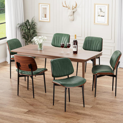 Dining Chairs Set of 4, Mid-Century Modern Upholstered PU Leather Chairs | with Walnut Bentwood Back and Metal Legs Adjustable Feet for Kitchen Dining Room, Camel Shell Strips — Dark Green Shell Strips / 6