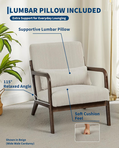 Garvee Mid-Century Chenille Accent Chair, Cozy Reading Chair, Modern Lounge Armchair with Lumbar Pillow, Solid Wood Frame, for Living Room, Bedroom, Office, Beige — Beige-chenille / 1 Pack (4)