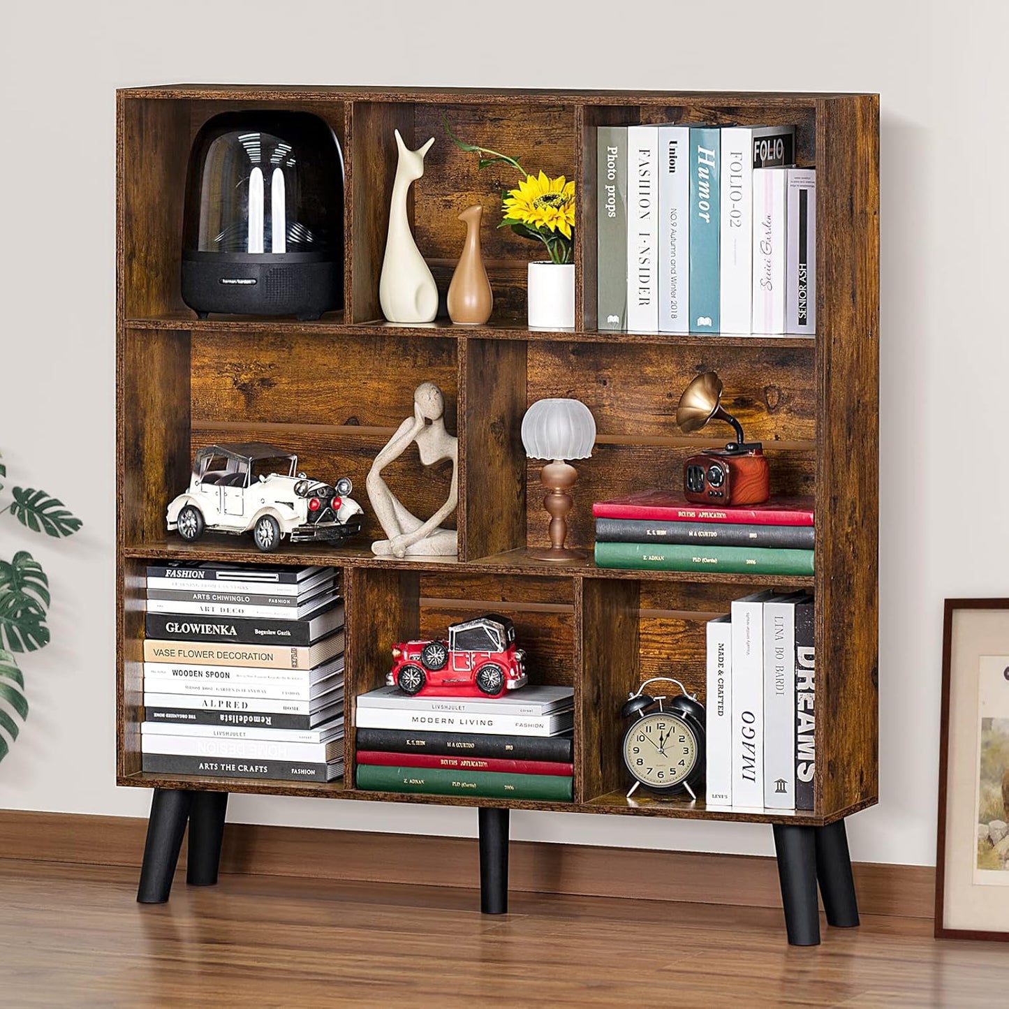 LEYAOYAO Cube Bookshelf 3 Tier Mid-Century Rustic Brown Modern Bookcase with Legs,Retro Wood Bookshelves Storage Organizer Shelf,Freestanding Open Book Shelves for Bedroom,Living Room,Office — Brown / 8 Cube with Legs