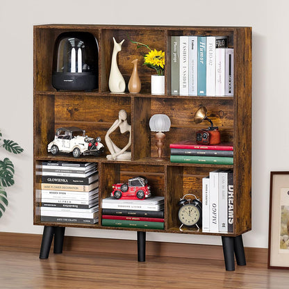 LEYAOYAO Cube Bookshelf 3 Tier Mid-Century Rustic Brown Modern Bookcase with Legs,Retro Wood Bookshelves Storage Organizer Shelf,Freestanding Open Book Shelves for Bedroom,Living Room,Office — Brown / 8 Cube with Legs