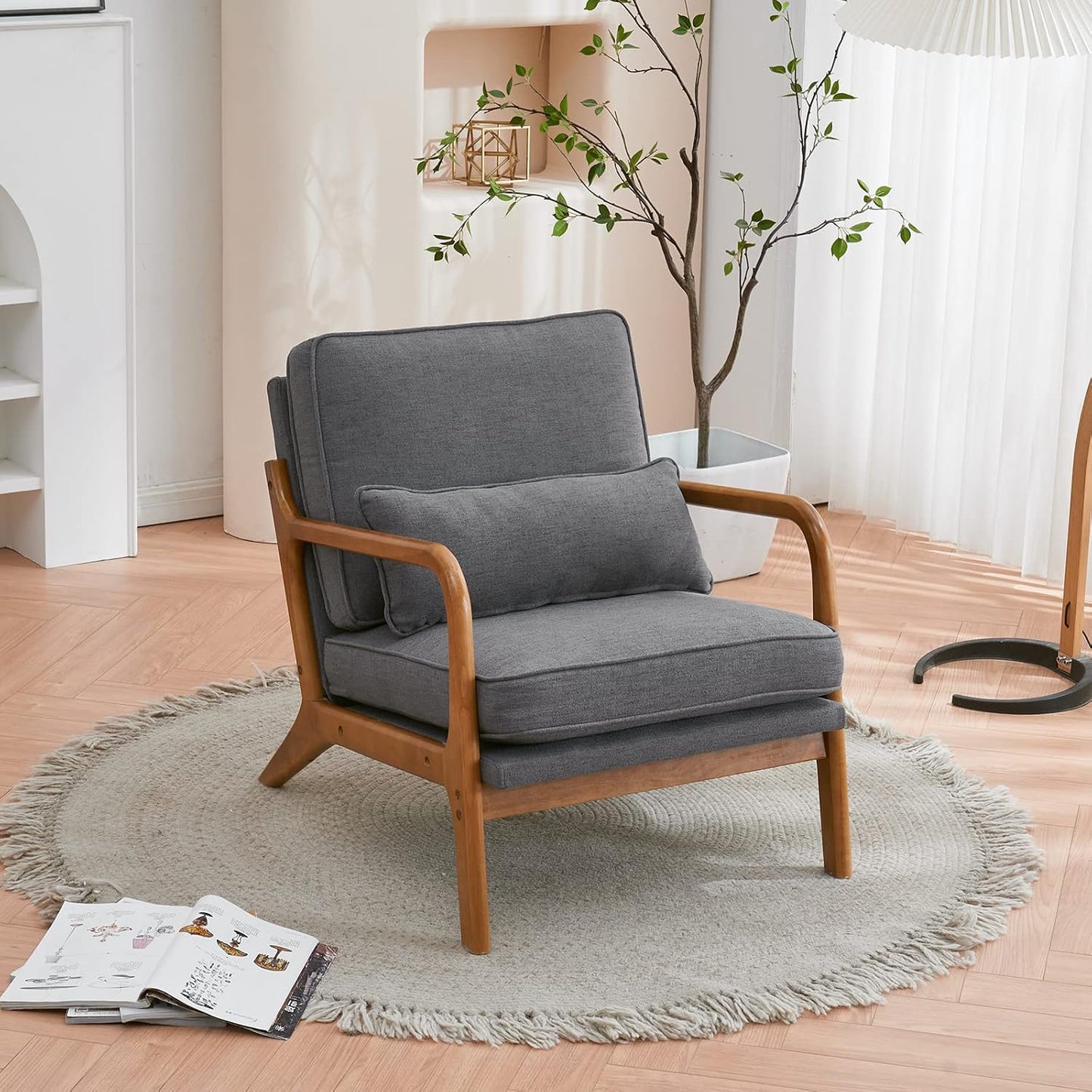 Karl home Mid-Century Modern Accent Reading Chair, Beige | Linen Upholstered, Solid Wood Frame, Soft Cushion, Lumbar Pillow, Lounge Armchair for Living Room, Bedroom, Balcony, Study — Linen Gray