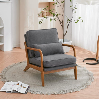 Karl home Mid-Century Modern Accent Reading Chair, Beige | Linen Upholstered, Solid Wood Frame, Soft Cushion, Lumbar Pillow, Lounge Armchair for Living Room, Bedroom, Balcony, Study — Linen Gray