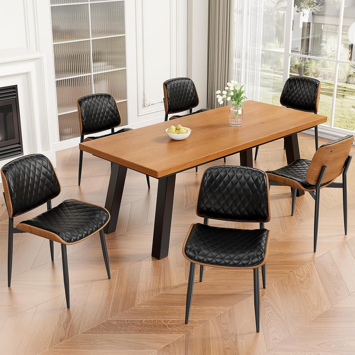 Dining Chairs Set of 4, Mid-Century Modern Upholstered PU Leather Chairs | with Walnut Bentwood Back and Metal Legs Adjustable Feet for Kitchen Dining Room, Camel Shell Strips — Black Diamond Plaid / 6