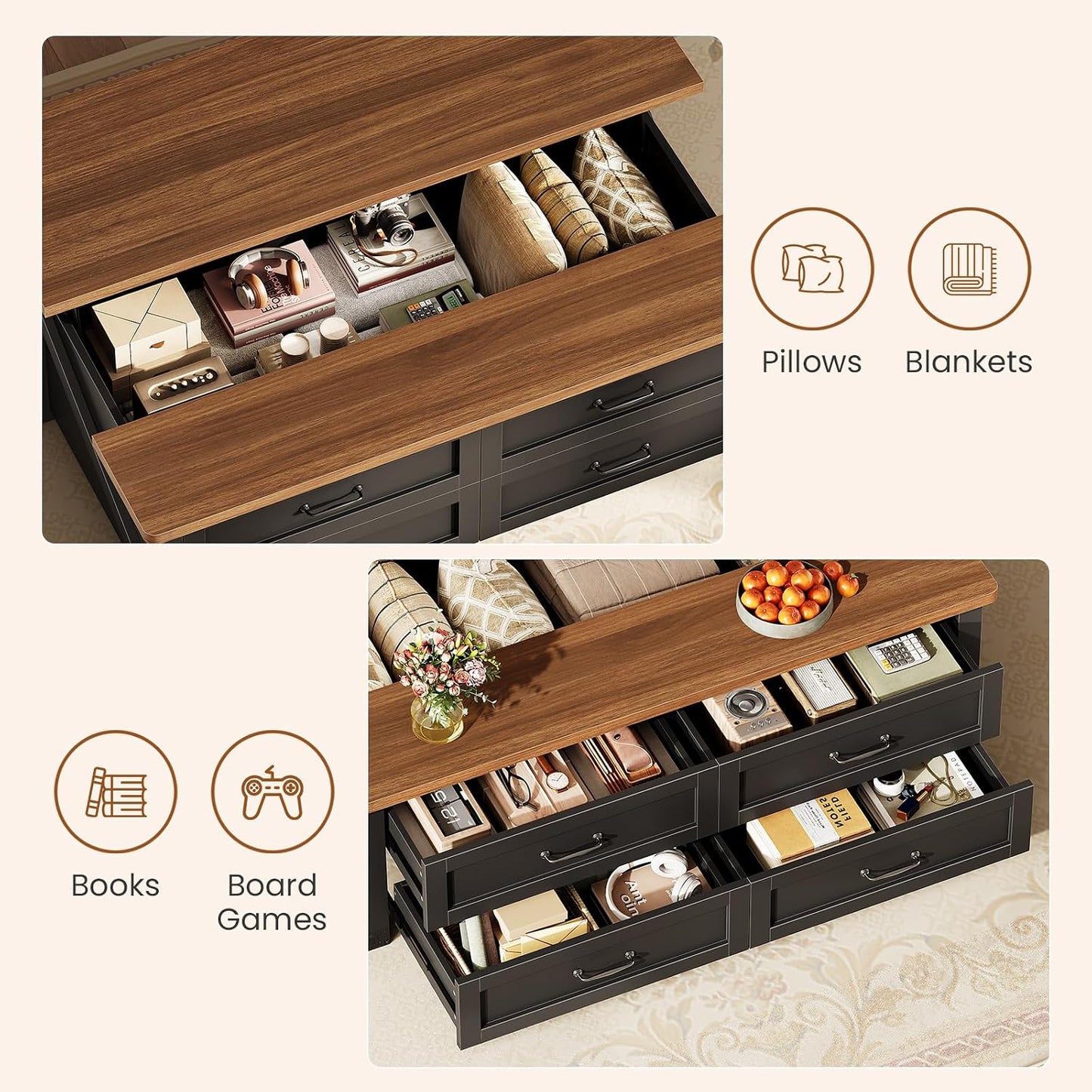 Itaar 47.2" Lift Top Coffee Table with Storage, Farmhouse Coffee Tables for Living Room with 4 Wood Drawers & Large Hidden Storage Space, Center Table for Living Room, Black + Brown — Black + Brown / 4 Drawers (9)