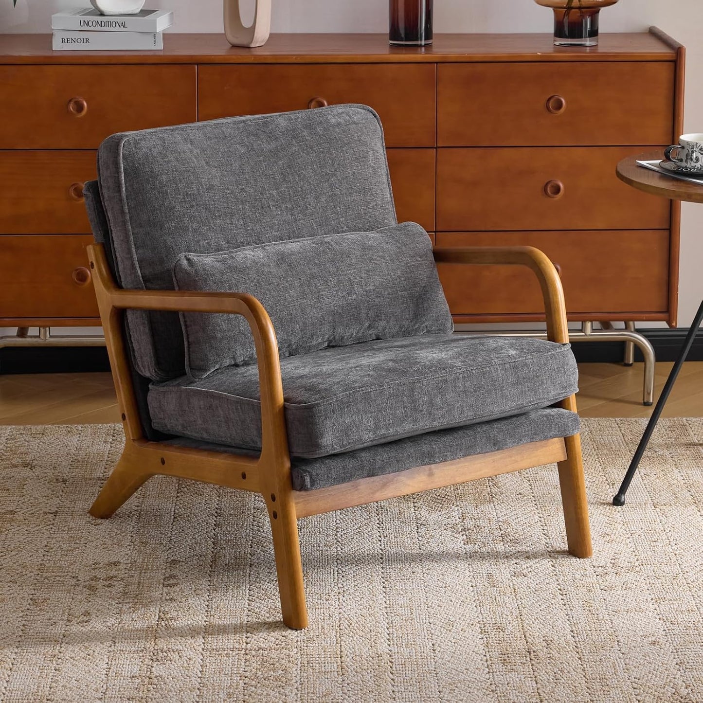 Karl home Mid-Century Modern Accent Reading Chair, Beige | Linen Upholstered, Solid Wood Frame, Soft Cushion, Lumbar Pillow, Lounge Armchair for Living Room, Bedroom, Balcony, Study — Chenille Gray
