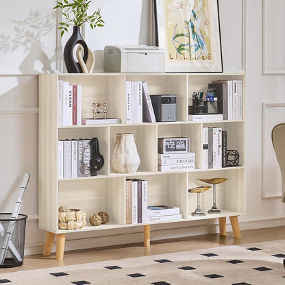 LEYAOYAO Cube Bookshelf 3 Tier Mid-Century Rustic Brown Modern Bookcase with Legs,Retro Wood Bookshelves Storage Organizer Shelf,Freestanding Open Book Shelves for Bedroom,Living Room,Office — Light Grey White / 10 Cube Plus with Legs
