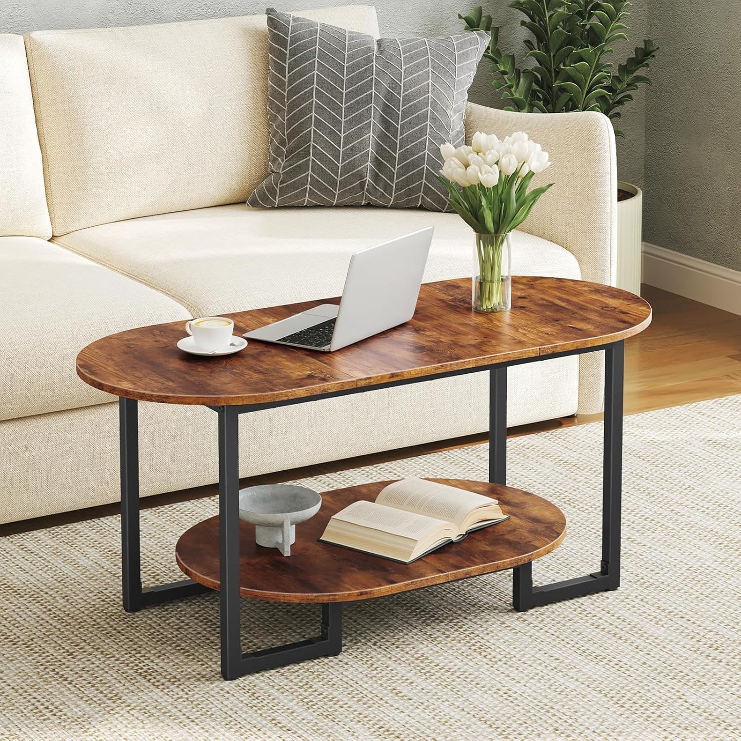 HOOBRO Coffee Table for Living Room, Oval Small Coffee Table with 2-Tier Open Storage Shelf, Industrial Cocktail Tea Table, Wooden Desktop Center Table, Farmhouse, Home Office, Rustic Brown BF09KF01 — Rustic Brown